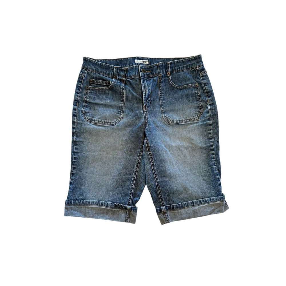 Tint Women's Denim Bermuda Short Cuffed Blue Size 12 5-Pockets Zipper Button
